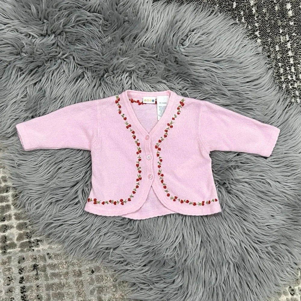 VTG Gymboree Girls Pink Button Up Sweater Trimmed With Embroidered Cherries 0-3M